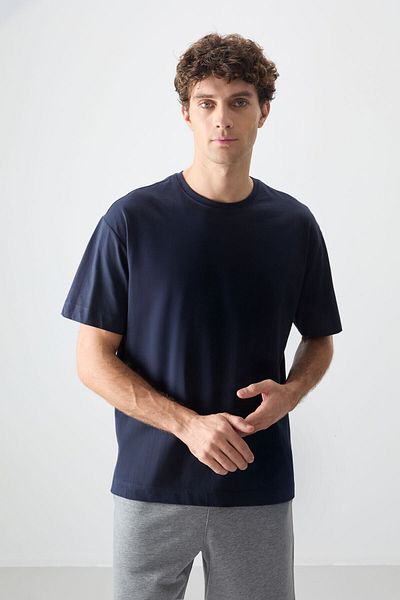 AIR JONES Тъмносиня 100% памучна дебела мека текстурирана тениска Oversize Basic Basic - 88353