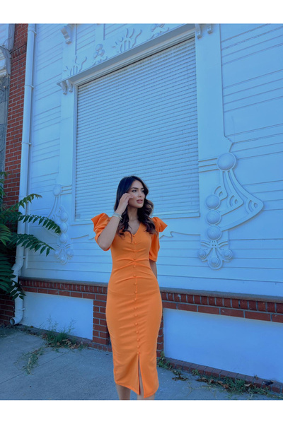 Sindimoda Plenty Düğme Detay Prenses Kol Midi Elbise