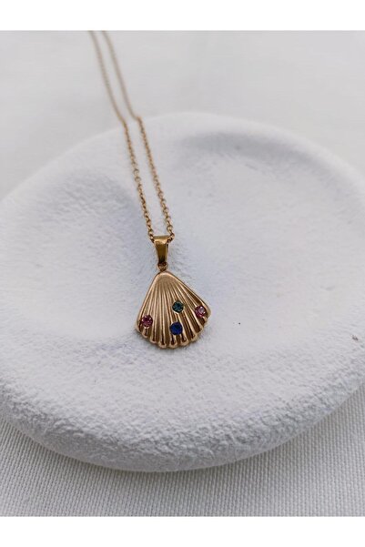 Jerie Oyster Steel Necklace - Gold Colored and Stone Detailed