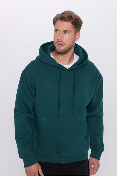 Tudors Unisex Oversize Wide Cut Cotton Soft Textured Basic Green Hooded Sweatshirt with Fleece Inside