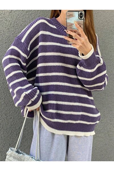 Dier Moda Çizgili Over Size Kadın Çizgili Kazak