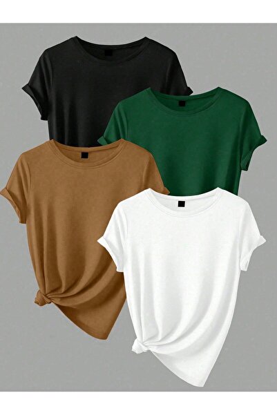 EYAX MODA 4'LÜ KADIN Bisiklet Yaka T-shirt - 4'lü Set Tişört