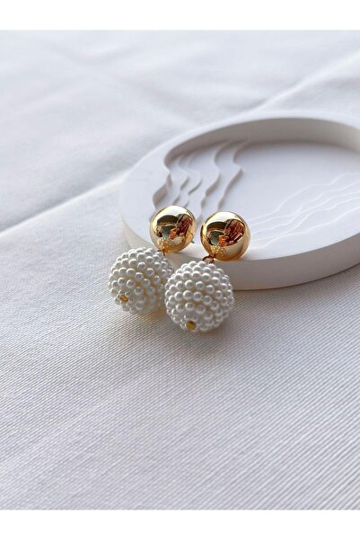Jerie Gold Özel Seri Topçuk Plaka Detaylı Vintage İnci Sallantılı Küpe