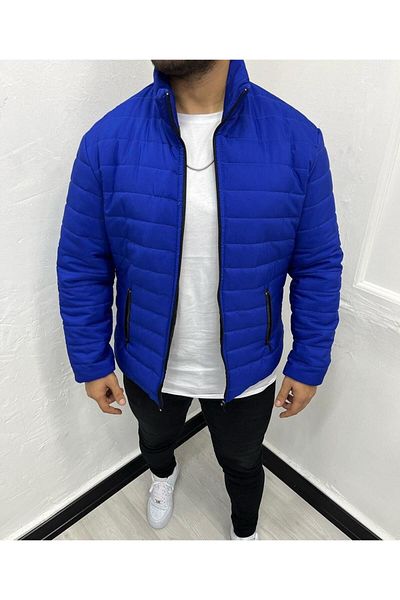 Cosy&Chic Men's Saks Blue Stand Collar Quilted Coat