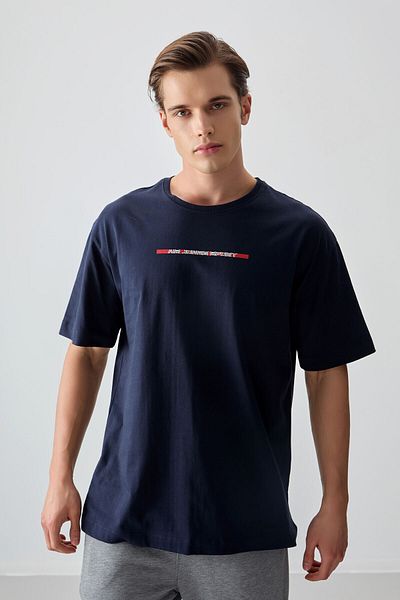 AIR JONES Μπλε Navy 100% βαμβακερό ανδρικό μπλουζάκι με μαλακή υφή με στάμπα - 88358