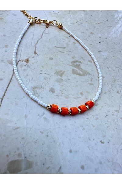 Jerie Coral and White Bead Detailed Anklet