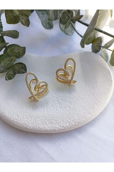 Jerie Zircon Stone Detailed Gold Heart Earrings