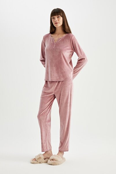 DeFacto V-Neck Velur Long Sleeve Pajama Set - Top Elastic Waist A3356Ax24Au