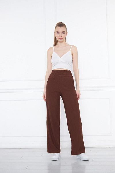 THIFF GYMWEAR Brown Elastic Waist Wide Leg Double Pocket High Waist Sweater Knitted Women's Trousers