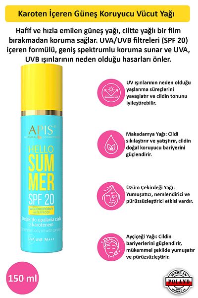 Apis Natural Cosmetics Sunscreen - Spf 20 with Carotene - 150ml
