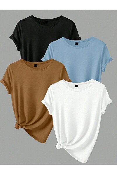 EYAX MODA 4'LÜ KADIN Bisiklet Yaka T-shirt - 4'lü Set Tişört