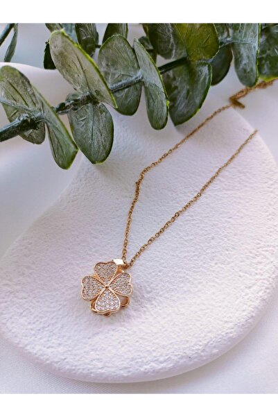 Jerie Gold Zirkon Taş Hareketli Yonca Çelik Kolye