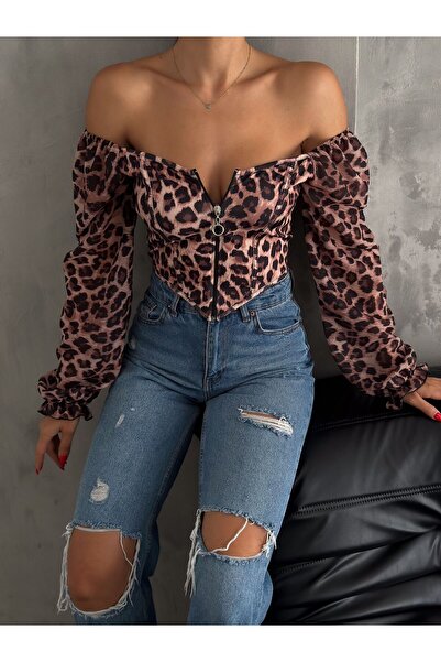 QUTTA Dámská košilka s leopardím potiskem, šifonová halenka s dlouhým rukávem, zipem