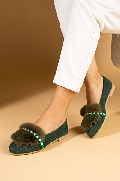 Pembe Potin Women's Green Pearl Detailed Furry Stylish Comfortable Daily Ballerina Shoes