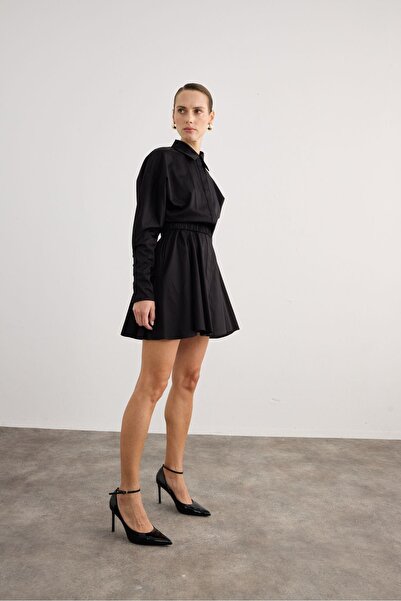 rue Kemer Detaylı Uzun Kollu Siyah Elbise