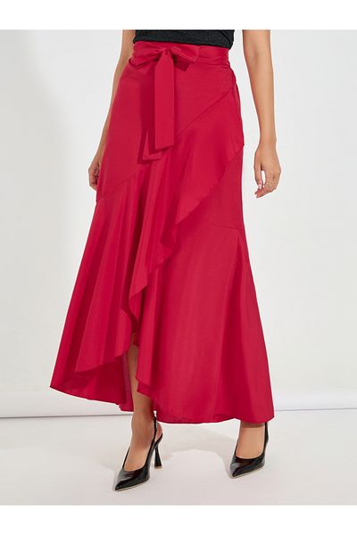 Styli Solid Mock Wrap Ruffled Hem Maxi Skirt