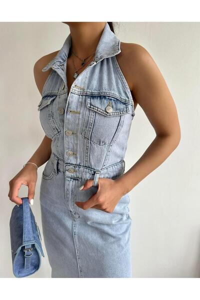 Angel Mia Arkası Açık Jean Elbise Kar Yıkama Mavi
