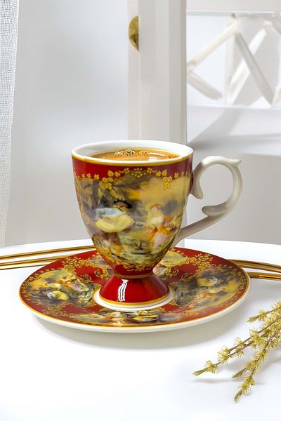 Jenisa Renaissance Red Gold Detailed Elegant Porcelain Coffee Cup Set for 6 People
