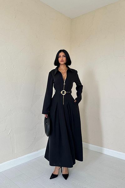 SEREN TEKSTİL Front Zippered Belted Dress - Black