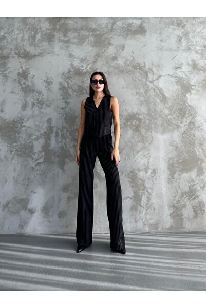 MYGİYİMİSTANBUL Jacket Vest Palazzo Pants Striped 3-Piece Suit