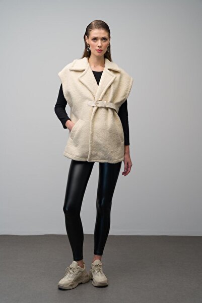 Olcay Cream 8242 - Loose Vest with Leather Belt and Lining