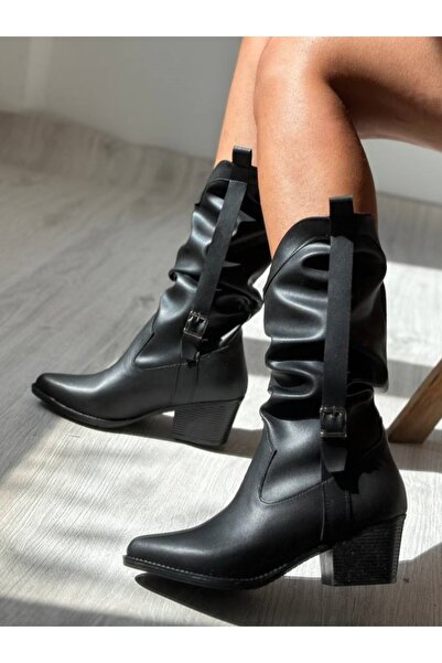 SHOEBOURNE Siyah Deri Western Tarzı Kemer Detaylı Çizme