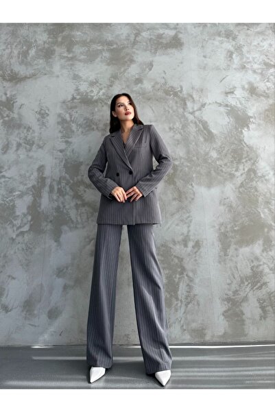 MYGİYİMİSTANBUL Jacket Vest Palazzo Pants Striped 3-Piece Suit