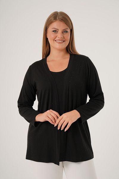 Nelly Large Size Viscose Cardigan with Stone Detail on the Front