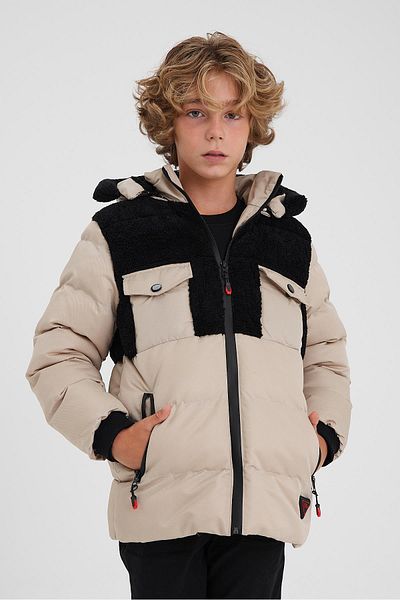 SİVAİST Furry Cream Puffer Jacket & Coat for Boy - Plush Detailed