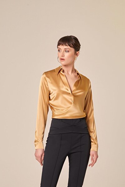 rue Tie-Up Silk Crop Gold Shirt Blouse