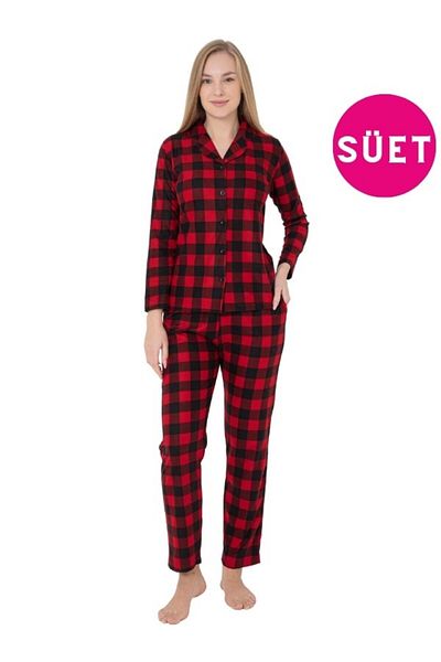 bie's Claret Red Black Plaid - Set de pijamale de iarnă din piele intoarsa cu guler camasa si buzunare