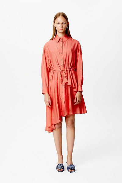 rue. Flounced Asymmetrical Coral Dress
