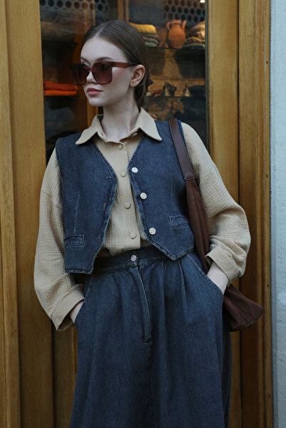 ZÜLAYS V Yaka Denim Yelek Mavi