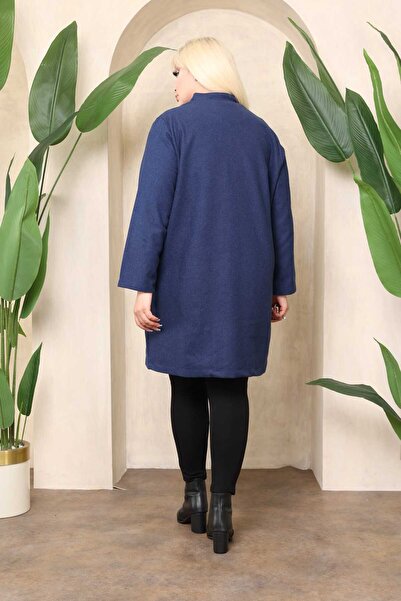 Şans Women's Large Size Navy Blue Pocketed Unlined Cashmere Coat 65N38346