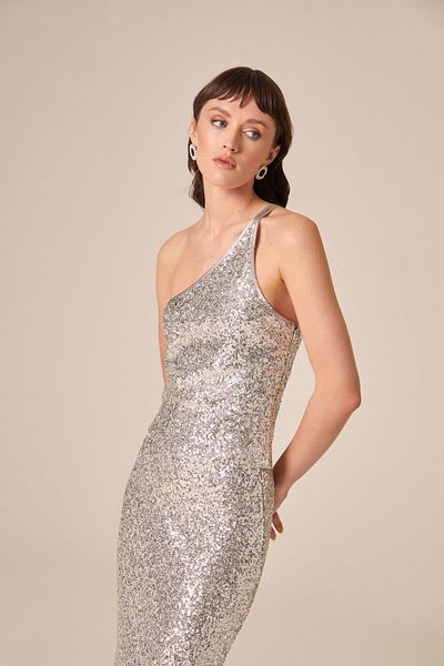 rue. Gray One Shoulder Sequined Blouse