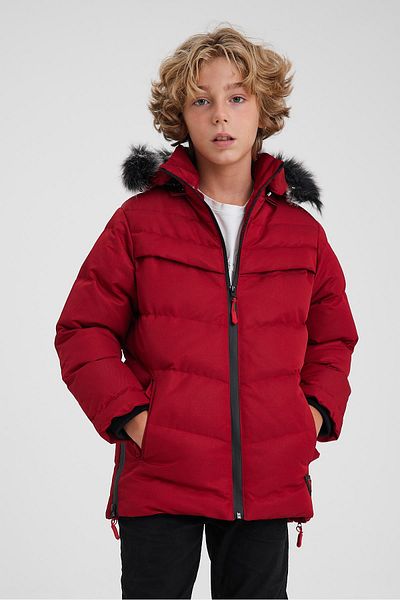 SİVAİST Red Thick Puffer Jacket for Boy - Detachable Hood and Inner Fur