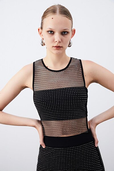 rue Parlak Taşlı Siyah Crop Bluz