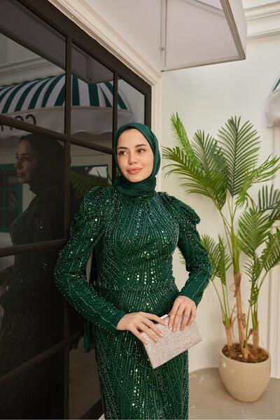 Hülya Keser Omuz Detaylı Taş Süsleme Abiye- Zümrüt Yeşil
