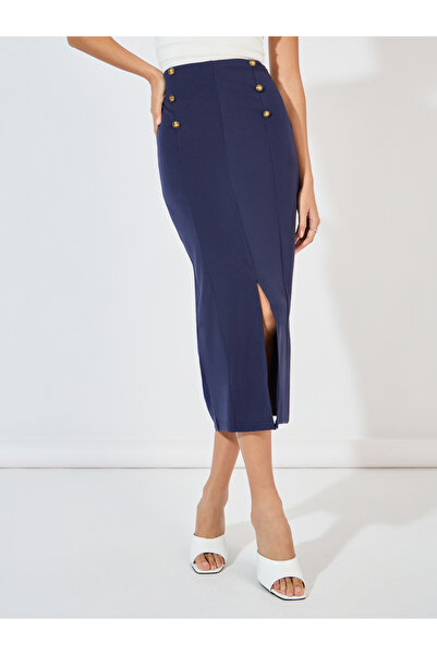 Styli Button Detail Midi Skirt with Split Hem