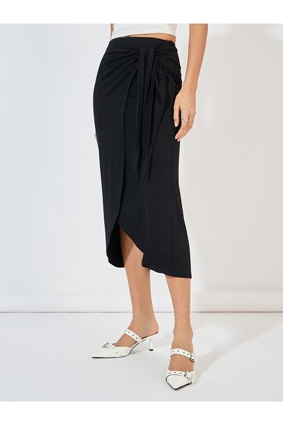 Styli Solid Wrap Midi Skirt with Tie-Up
