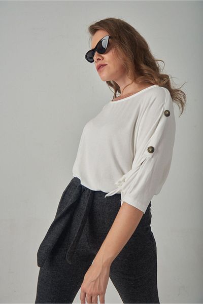 Blue Petrol Women's Ribbed Look Button Detailed Round Neck Blouse