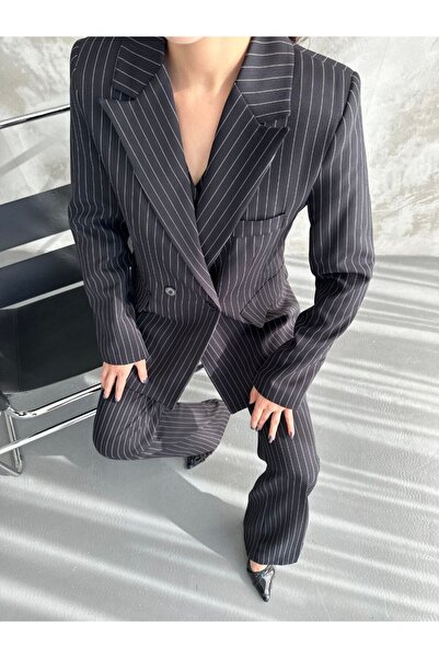 MYGİYİMİSTANBUL Jacket Vest Palazzo Pants Striped 3-Piece Suit