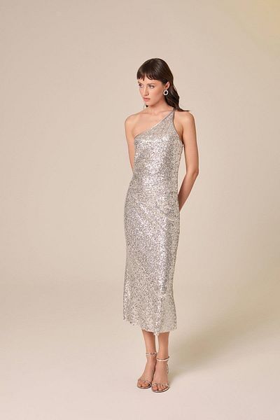 rue. Gray One Shoulder Sequined Blouse