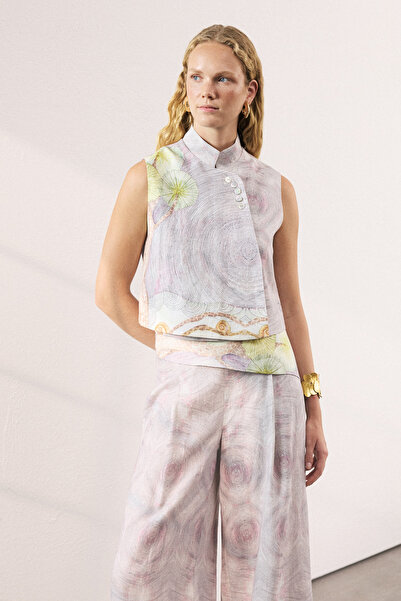 adL Sonsuz An Desenli Keten Crop Bluz