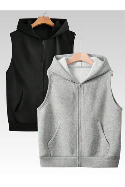 MOONBULL Συσκευασία με 2 Unisex φερμουάρ με κουκούλα καγκουρό τσέπη Oversize αμάνικο γιλέκο