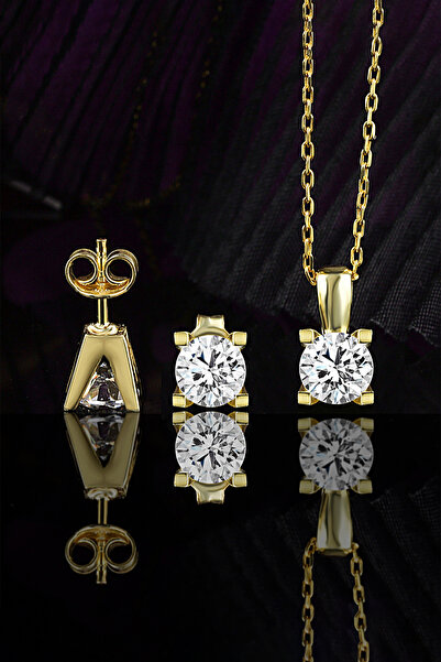 Else Silver Pırlanta Montürü V Kasa Tek Taş Kolye Küpe Gümüş Set