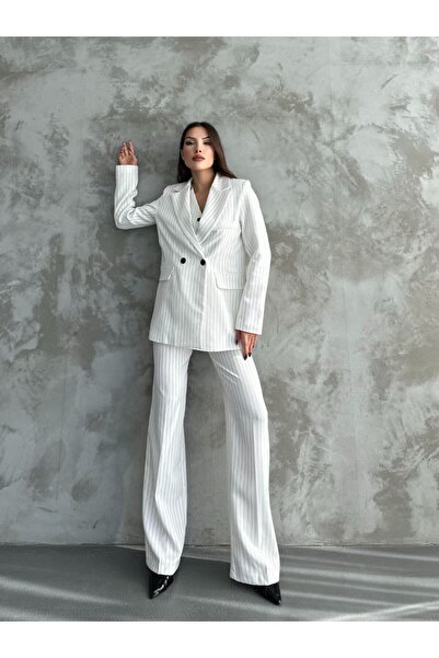 MYGİYİMİSTANBUL Jacket Vest Palazzo Pants Striped 3-Piece Suit