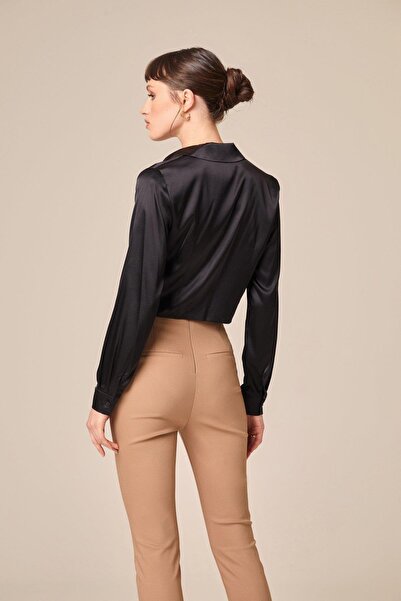 rue Tie-Up Silk Crop Black Shirt Blouse