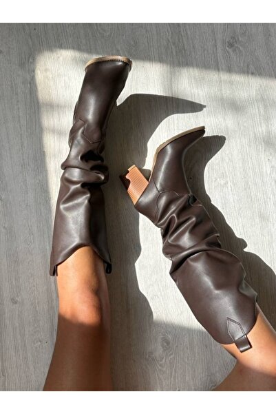 SHOEBOURNE Kahverengi Deri Kalın Topuklu Körüklü Çizme