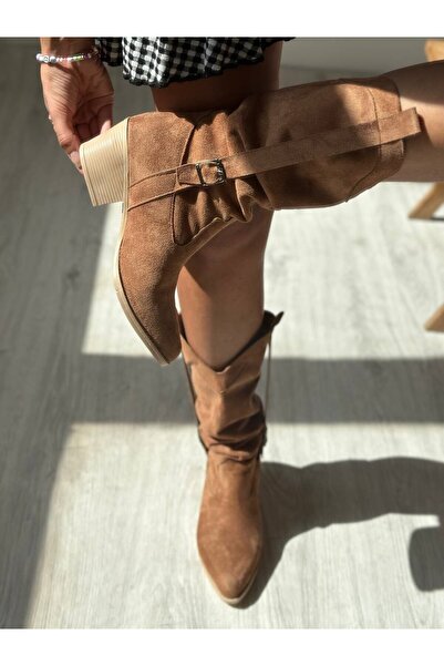 SHOEBOURNE Taba Süet Western Tarzı Kemer Detaylı Çizme